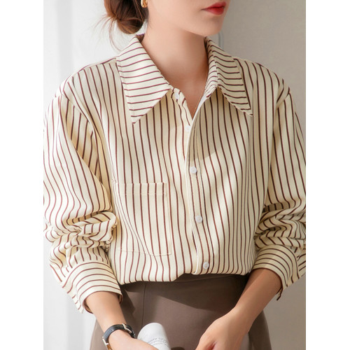 長袖條紋襯衫女秋季磨毛曡穿燈芯絨襯衣夏薄款復古通勤設計感上衣