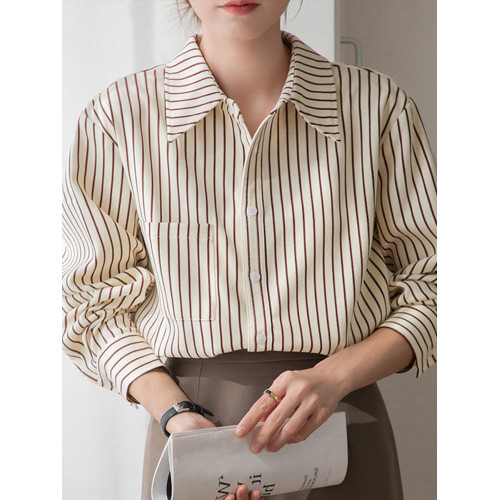長袖條紋襯衫女秋季磨毛曡穿燈芯絨襯衣夏薄款復古通勤設計感上衣