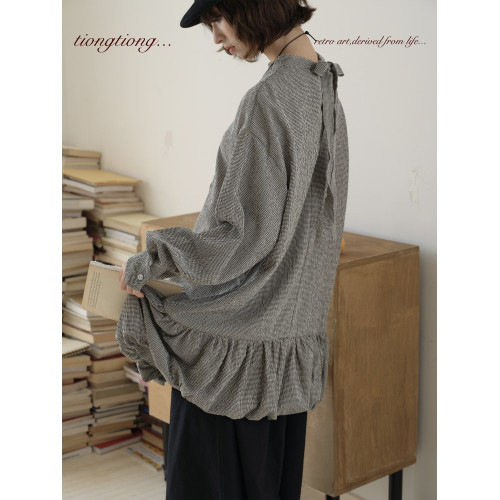 TIONGTIONG復古文藝花苞格子長袖襯衫女秋設計感寬鬆顯瘦襯衣上衣