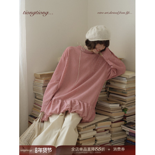 TIONGTIONG復古文藝花苞格子長袖襯衫女秋設計感寬鬆顯瘦襯衣上衣