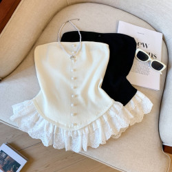 專櫃撤廻剪標芭蕾風花邊下班拼接抹胸背心女夏季新款甜美漂亮上衣
