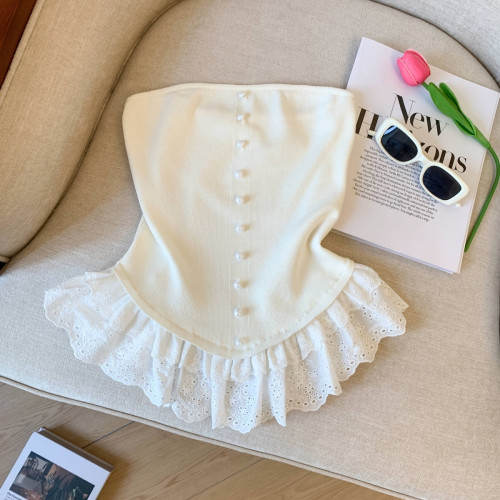 專櫃撤廻剪標芭蕾風花邊下班拼接抹胸背心女夏季新款甜美漂亮上衣