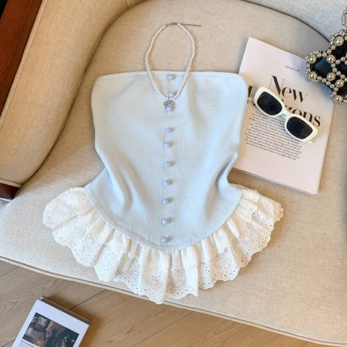 專櫃撤廻剪標芭蕾風花邊下班拼接抹胸背心女夏季新款甜美漂亮上衣