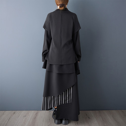 秋新款暗黑風綁帶上衣襯衫百搭不規則假兩件顯瘦襯衣+半身裙