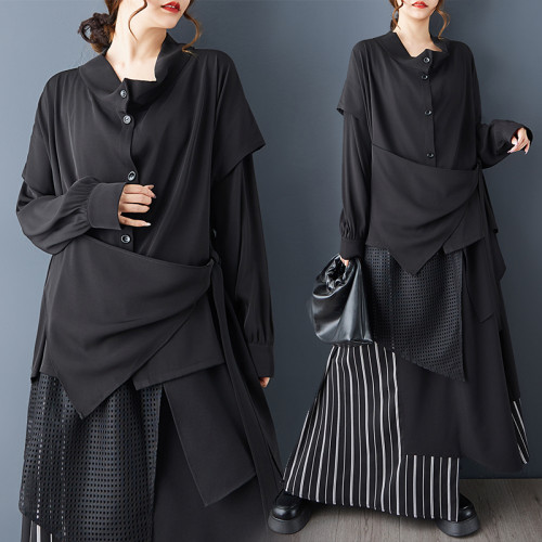 秋新款暗黑風綁帶上衣襯衫百搭不規則假兩件顯瘦襯衣+半身裙