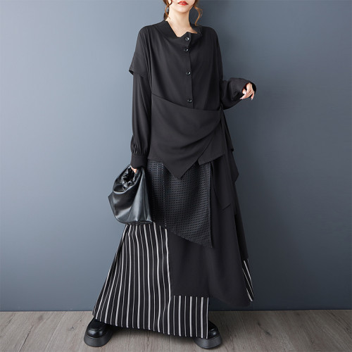 秋新款暗黑風綁帶上衣襯衫百搭不規則假兩件顯瘦襯衣+半身裙