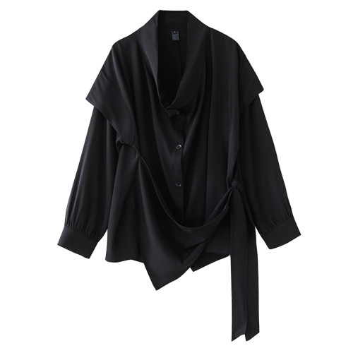 秋新款暗黑風綁帶上衣襯衫百搭不規則假兩件顯瘦襯衣+半身裙