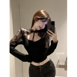 風情萬種的上衣女初春性感掐腰設計感蕾絲鏤空長袖t恤內搭打底衫