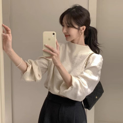 韓國chic春季簡約氣質立領寬鬆休閒後背拉鍊百搭燈籠袖純色襯衫女