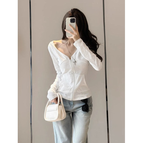 大碼胖mm白色v領長袖T恤防曬衫女拉鍊連帽開衫設計感口袋外套上衣