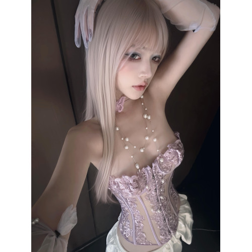 OUTFlT STUDIO 歐美辣妹風紫色刺綉魚骨束腰性感半透抹胸上衣