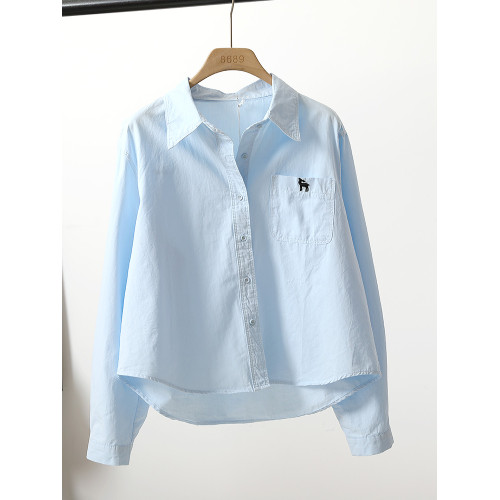 淺藍色刺綉口長袖襯衫女春季新款慵懶寬鬆百搭顯瘦顯白小個子上衣