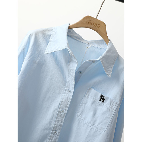 淺藍色刺綉口長袖襯衫女春季新款慵懶寬鬆百搭顯瘦顯白小個子上衣