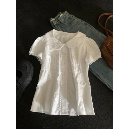 甜欲氛圍感又顯瘦！白色好看甜美娃娃領襯衫女2025夏季小個子上衣