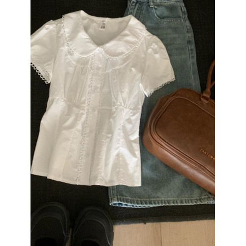 甜欲氛圍感又顯瘦！白色好看甜美娃娃領襯衫女2025夏季小個子上衣