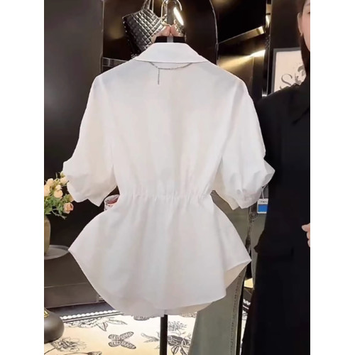 商場折釦店撤櫃大碼高級設計感短袖襯衫女微胖mm顯瘦遮肚收腰上衣