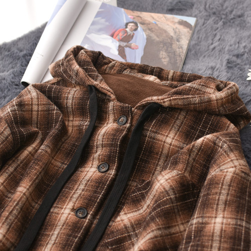 冬季加絨加厚格子襯衫女保暖磨毛連帽寬鬆外套女韓版bf風百搭上衣