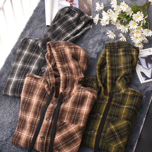 冬季加絨加厚格子襯衫女保暖磨毛連帽寬鬆外套女韓版bf風百搭上衣