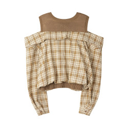 XinmonLee韓系法式復古格紋拼接假兩件襯衫露肩顯瘦百搭初秋上衣
