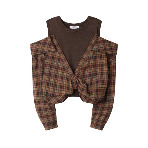 XinmonLee韓系法式復古格紋拼接假兩件襯衫露肩顯瘦百搭初秋上衣