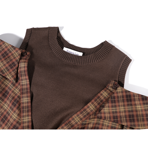 XinmonLee韓系法式復古格紋拼接假兩件襯衫露肩顯瘦百搭初秋上衣