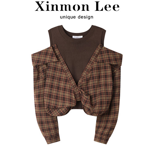 XinmonLee韓系法式復古格紋拼接假兩件襯衫露肩顯瘦百搭初秋上衣