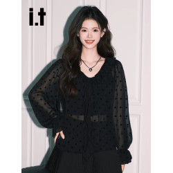 it:CHOCOOLATE獨特氛圍感黑色長袖襯衫女法式氣質V領波點雪紡上衣