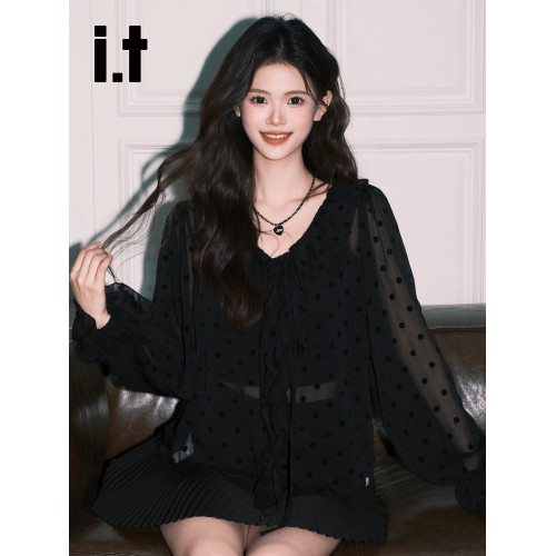 it:CHOCOOLATE獨特氛圍感黑色長袖襯衫女法式氣質V領波點雪紡上衣