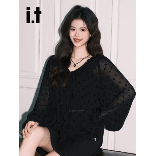 it:CHOCOOLATE獨特氛圍感黑色長袖襯衫女法式氣質V領波點雪紡上衣