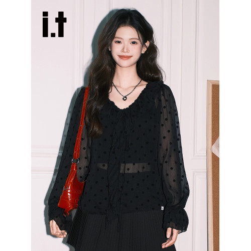 it:CHOCOOLATE獨特氛圍感黑色長袖襯衫女法式氣質V領波點雪紡上衣
