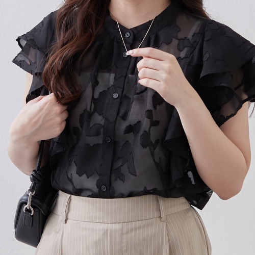 C08083日單夏新款單排釦圓領顯瘦女睫毛花甜美氣質荷葉短袖襯衫