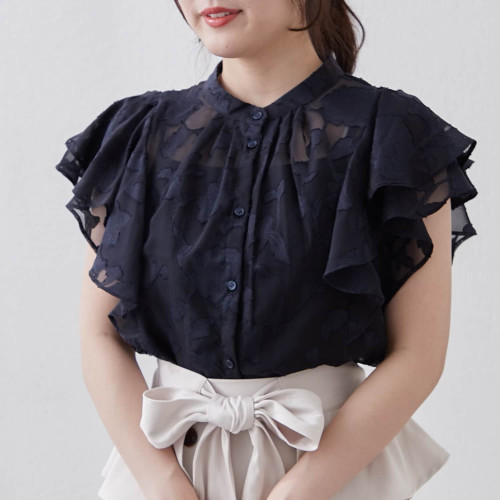 C08083日單夏新款單排釦圓領顯瘦女睫毛花甜美氣質荷葉短袖襯衫