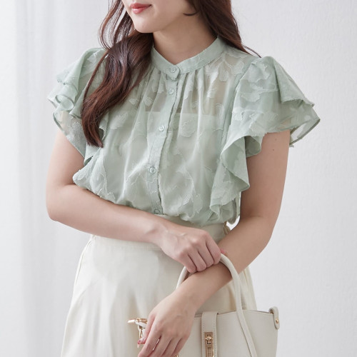 C08083日單夏新款單排釦圓領顯瘦女睫毛花甜美氣質荷葉短袖襯衫