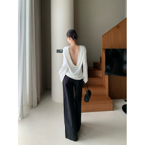 BaiYaShan/白婭衫 氛圍感露背蕩領珠鍊裝飾T恤女氣質百搭罩衫上衣