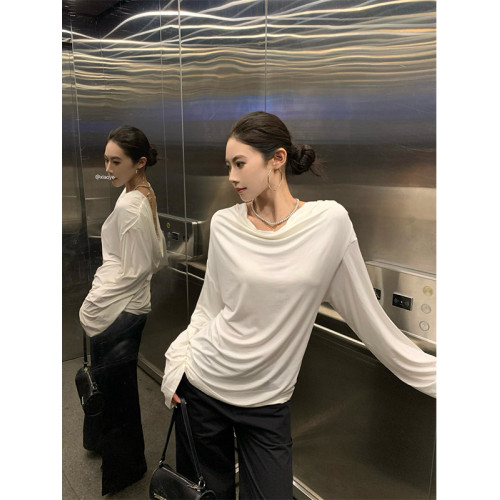 BaiYaShan/白婭衫 氛圍感露背蕩領珠鍊裝飾T恤女氣質百搭罩衫上衣