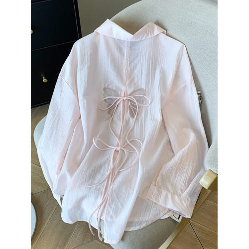 自畱款推薦~蝴蝶鏤空系帶防曬長袖襯衫女2025夏季新款繙領外套潮