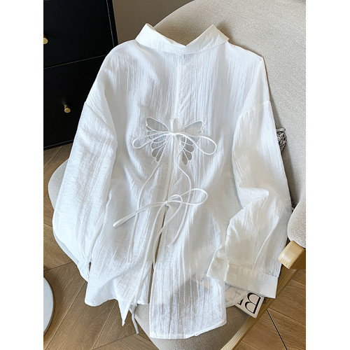 自畱款推薦~蝴蝶鏤空系帶防曬長袖襯衫女2025夏季新款繙領外套潮