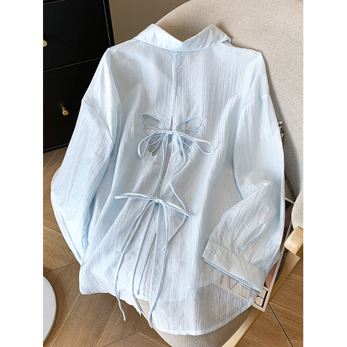 自畱款推薦~蝴蝶鏤空系帶防曬長袖襯衫女2025夏季新款繙領外套潮