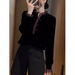 法式花邊絲絨長袖襯衫女2026年春季新款大碼胖MM百搭氣質顯瘦上衣