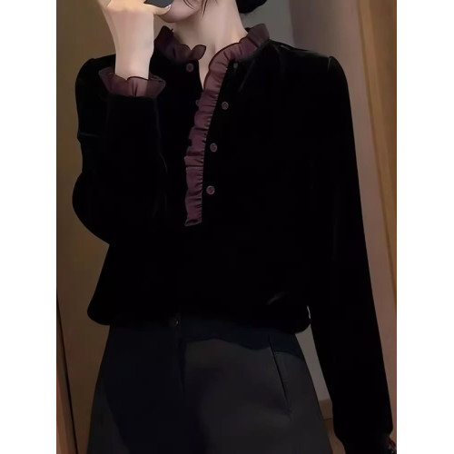 法式花邊絲絨長袖襯衫女2026年春季新款大碼胖MM百搭氣質顯瘦上衣