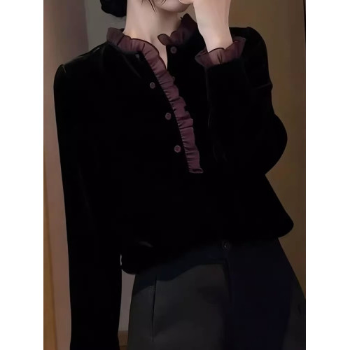 法式花邊絲絨長袖襯衫女2026年春季新款大碼胖MM百搭氣質顯瘦上衣