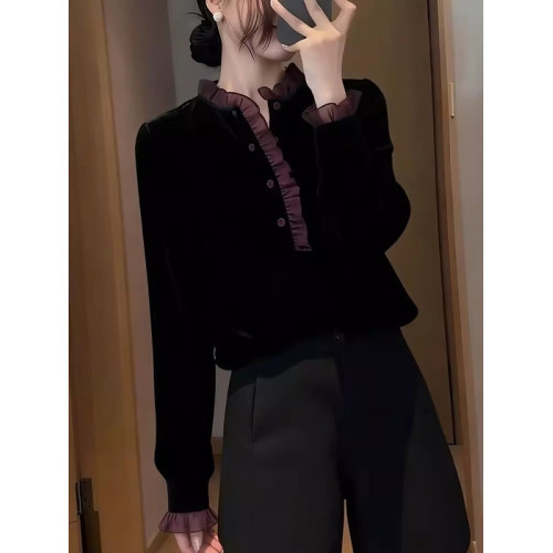 法式花邊絲絨長袖襯衫女2026年春季新款大碼胖MM百搭氣質顯瘦上衣