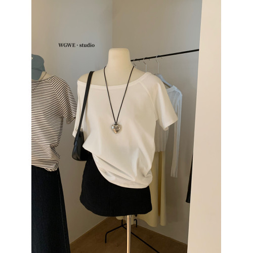 十三行 春季新款斜肩一字肩兩穿短袖T恤寬鬆顯瘦基礎百搭上衣女