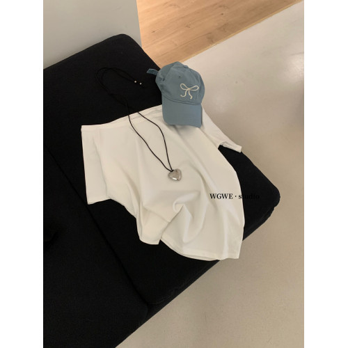 十三行 春季新款斜肩一字肩兩穿短袖T恤寬鬆顯瘦基礎百搭上衣女