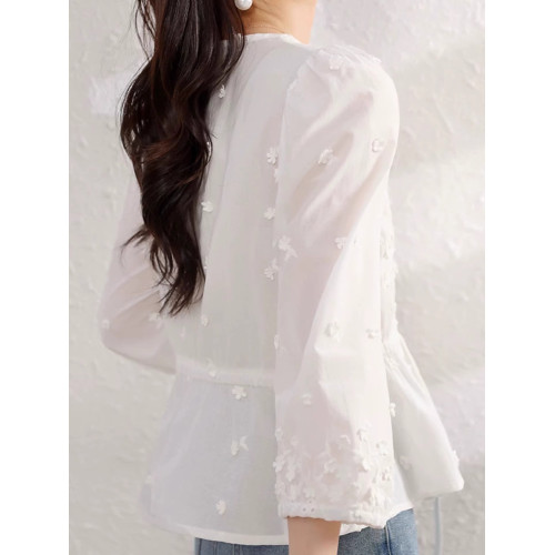 設計感絕美立體花朵襯衫2025夏季系帶收腰優雅減齡洋氣v領上衣女