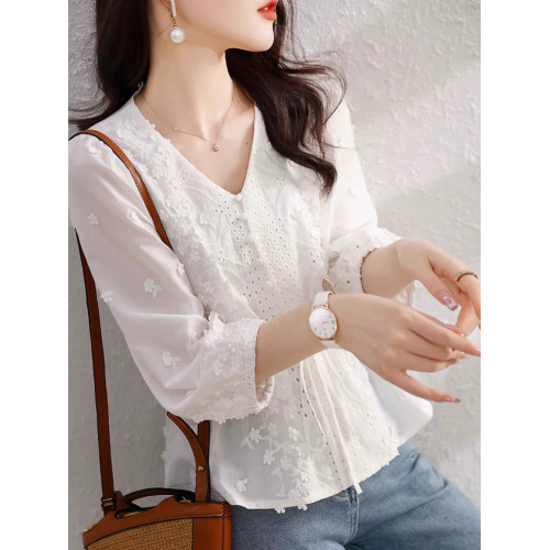 設計感絕美立體花朵襯衫2025夏季系帶收腰優雅減齡洋氣v領上衣女