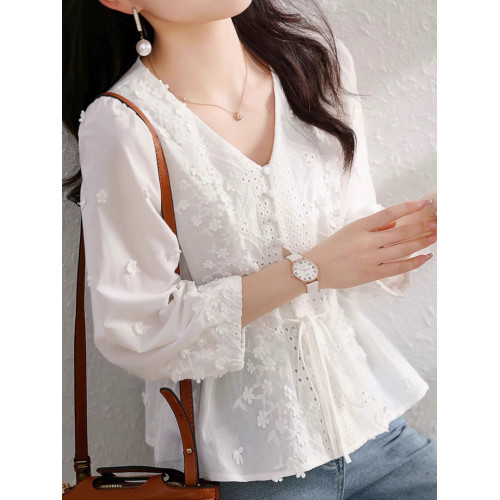 設計感絕美立體花朵襯衫2025夏季系帶收腰優雅減齡洋氣v領上衣女