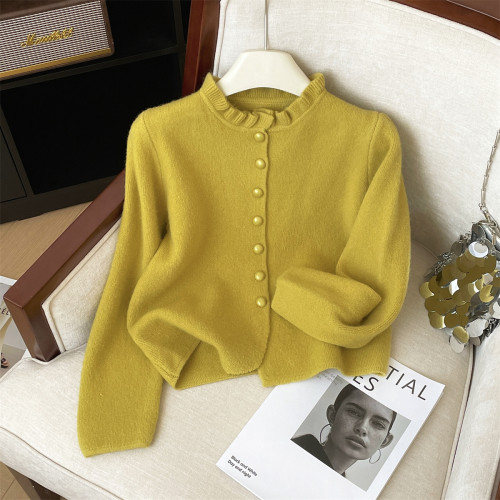 專櫃撤廻剪標溫柔風木耳邊針織開衫女秋冬新款復古顯瘦毛衣外套潮