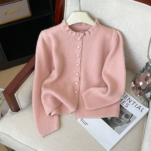 專櫃撤廻剪標溫柔風木耳邊針織開衫女秋冬新款復古顯瘦毛衣外套潮