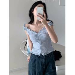 Up and on 韓系溫柔褶邊藍色條紋小飛袖短袖上衣女花邊單排釦襯衫